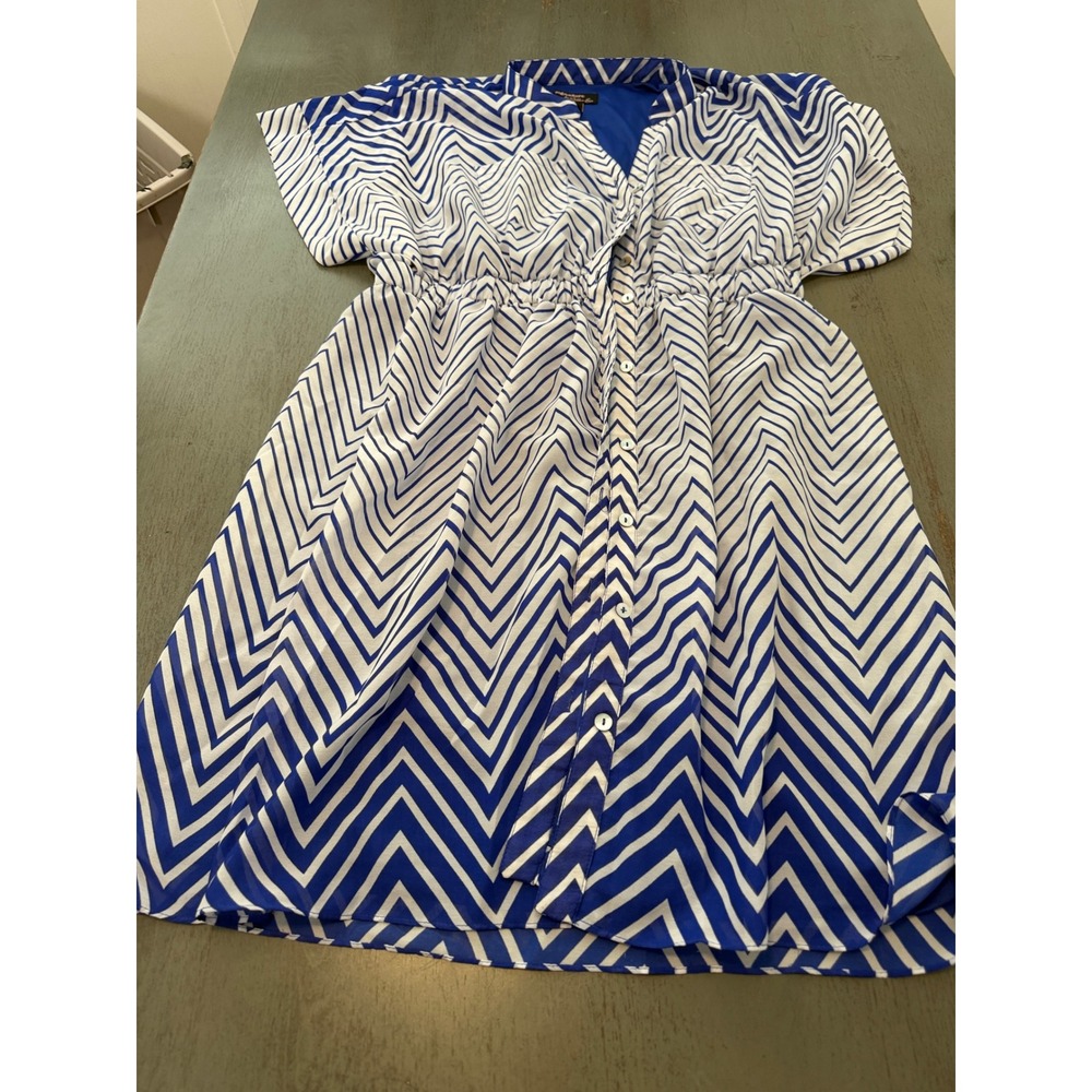 Signature by Robbie Bee Blue White Chevron Zig Zag Button Front Dress 16P